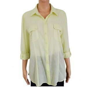 Chico’s Blouse Button Up Roll Tab Sleeves Semi Sheer Pockets Yellow Womens 2